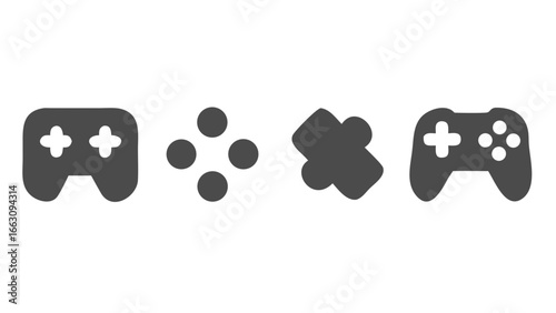 Collection of stylized gaming icons including gamepads and directional buttons presented in a minimalist dark background