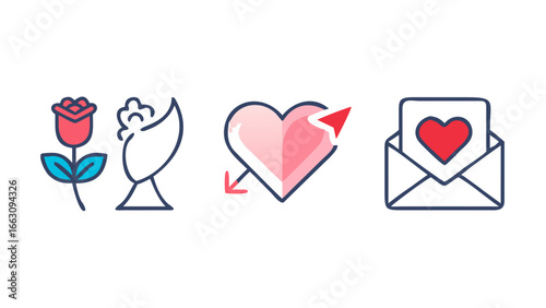 Collection of stylized icons representing love and romance including a rose bouquet broken heart with arrow and an open envelope with a heart