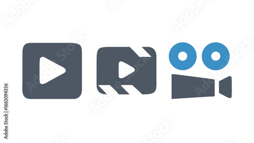 Collection of three distinct video related icons including a play button a clapperboard and a retro movie camera