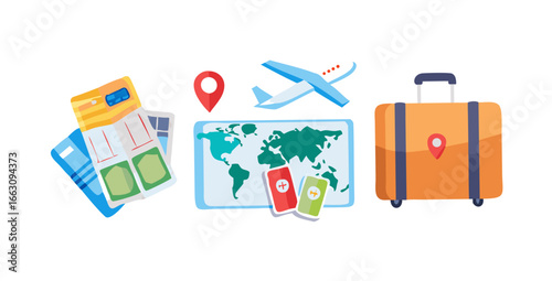 Collection of travel essentials including tickets boarding passes world map airplane suitcase and location pins symbolizing global adventure