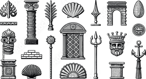 Collection of ancient architectural elements and ornate decorative motifs