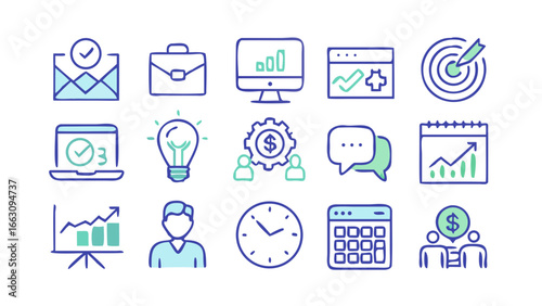 Collection of hand drawn business and finance icons representing success strategy planning and teamwork on a black background