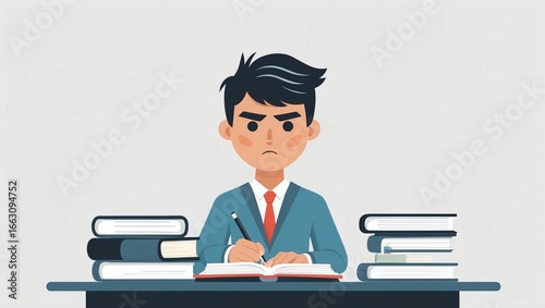 Frustrated businessman struggling with work, seated at a desk piled with books, symbolizing pressure and difficulty in professional life