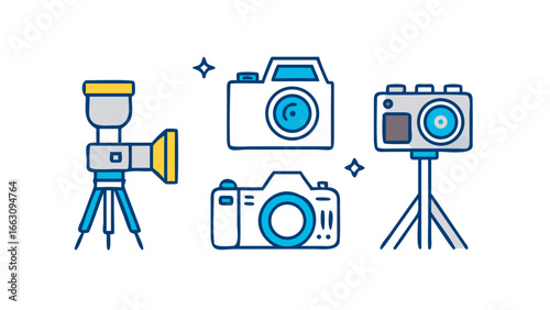 Collection of stylized flat design cameras and video equipment including a camcorder on a tripod and action cameras