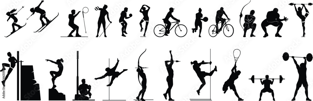 Fototapeta premium Collection of sport silhouettes, winter games, gym workout, cycling, archery, weightlifting, athletics, outdoor activity, vector illustration design