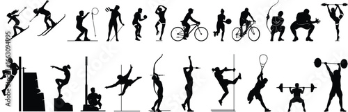 Collection of sport silhouettes, winter games, gym workout, cycling, archery, weightlifting, athletics, outdoor activity, vector illustration design