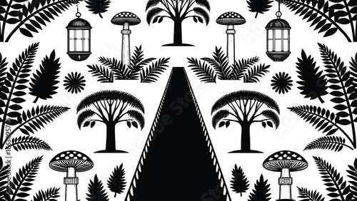 Enchanting forest path with lanterns and mystical flora