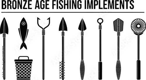 Collection of ancient bronze age fishing tools and implements