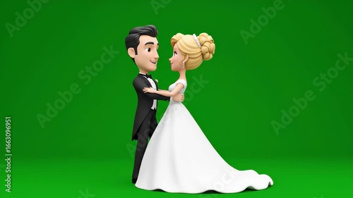 Cartoon Couple Embracing on Green Screen Background Wedding Celebration