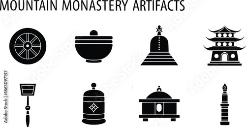 Collection of traditional buddhist monastery artifacts and symbols