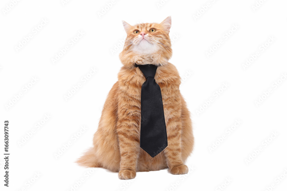 Fototapeta premium Fluffy ginger cat wearing a black tie, sitting proudly on white background, adorable stylish pet, business and fashion concept.