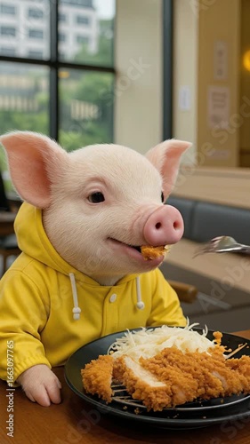Vertical video of a Baby Pig in Raincoat Enjoys Tonkatsuin at restaurant.