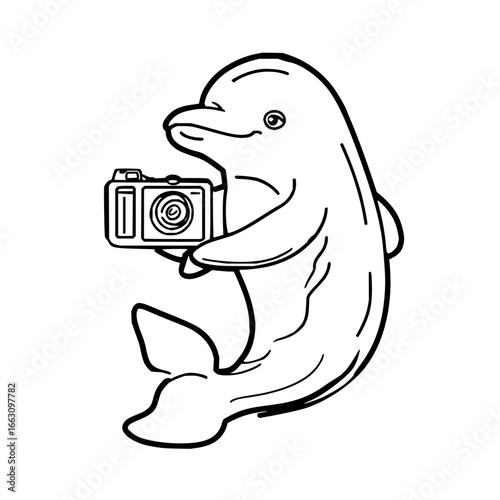 Cute dolphin photographer with camera vector illustration for kids and animal lovers design concept