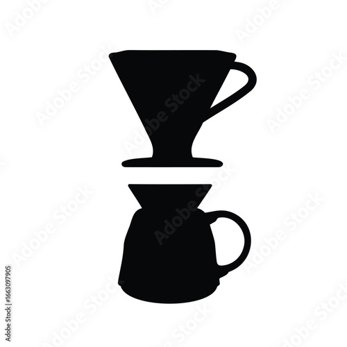 Minimalist black and white illustration of a pour over coffee brewing set