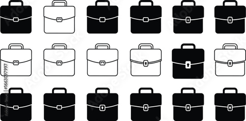 Black and white business briefcase icons collection, professional work bags, office accessories vector set with lock and handle