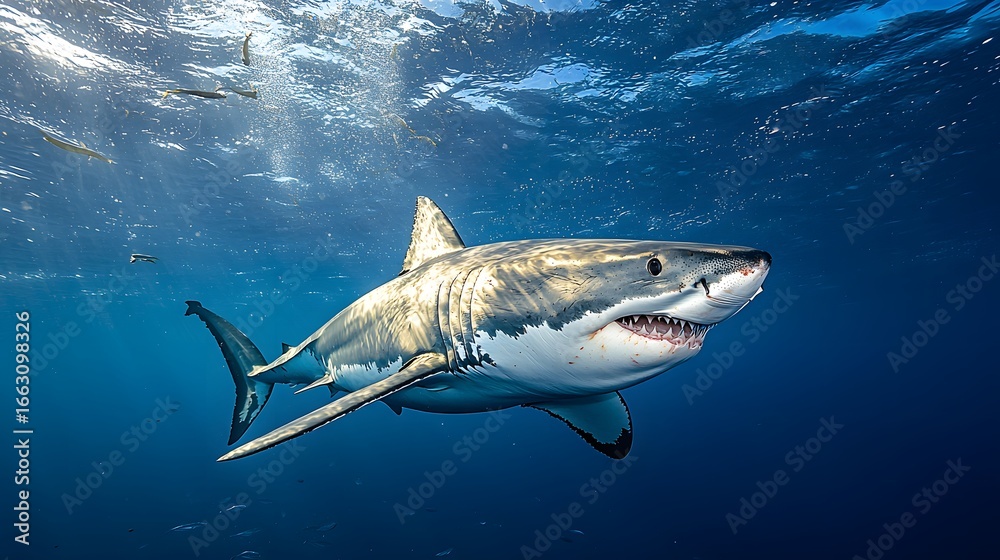 Naklejka premium Great white shark underwater hunting