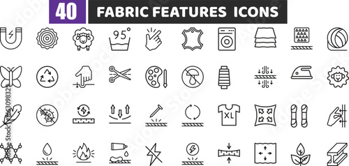 Fabric Features and Textile Properties Line Icons Vector Set