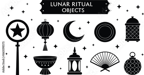 Collection of black and white lunar ritual objects and symbols