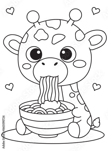 Coloring book giraffe eating noodles from big bowl.