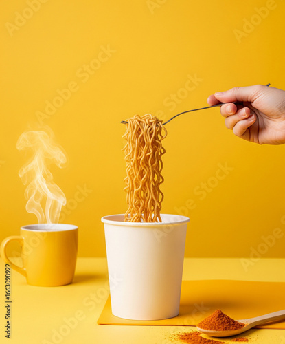 Simple noodle cup stands out contrasting with bright yellow background.