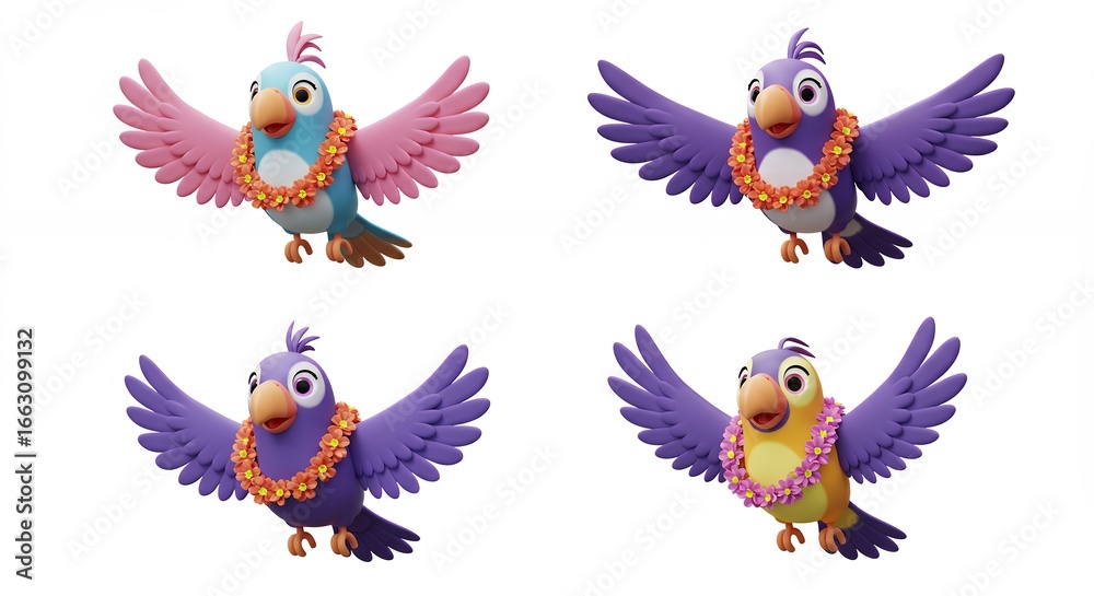 Fototapeta premium Colorful cartoon birds in flight with lei