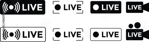 Live streaming red icon set. broadcasting buttons. social media channel. online stream icons
