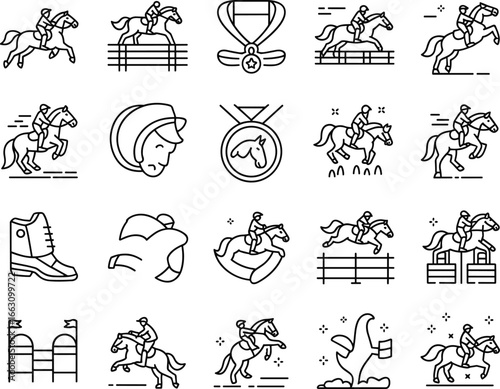Horse riding icons set, equestrian sport, jumping horse, riding helmet, horse medal, horse show, horse rider, competition vector art