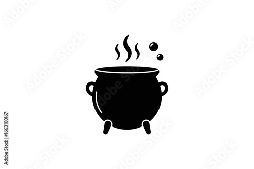 Black cauldron emits steam and bubbles, alluding to a witchs potion brewing ritual. Perfect for halloween or magicalthemed projects.