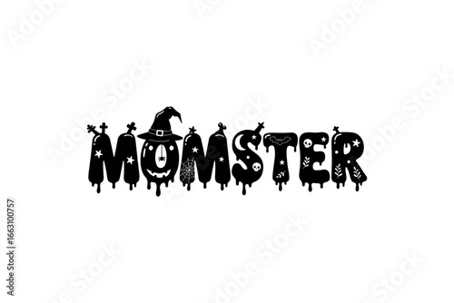 Word momster with halloween decorations perfect for spooky holiday graphics, invitations, greeting cards, posters, social media posts, and advertisements.