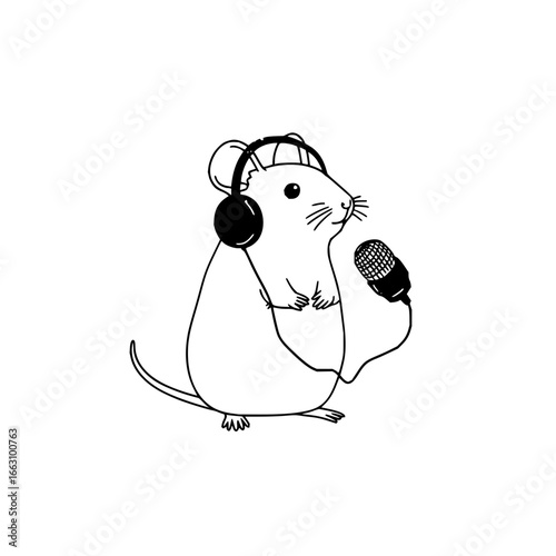 Cute mouse dj with headphones and microphone vector illustration for music podcast and audio recording studio 100