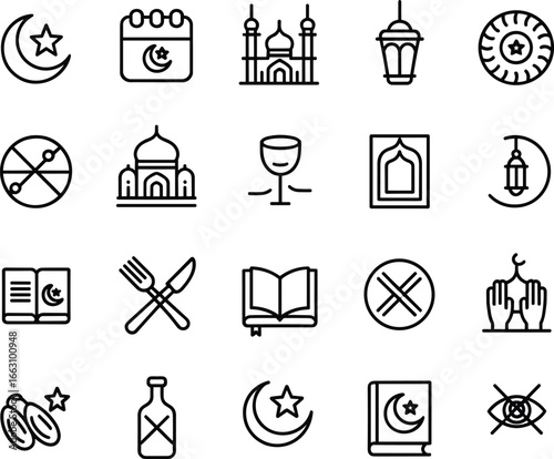 Islamic icon collection with mosque, crescent moon, prayer hands, Quran, Ramadan food, fasting symbols, lantern, star, spiritual signs.