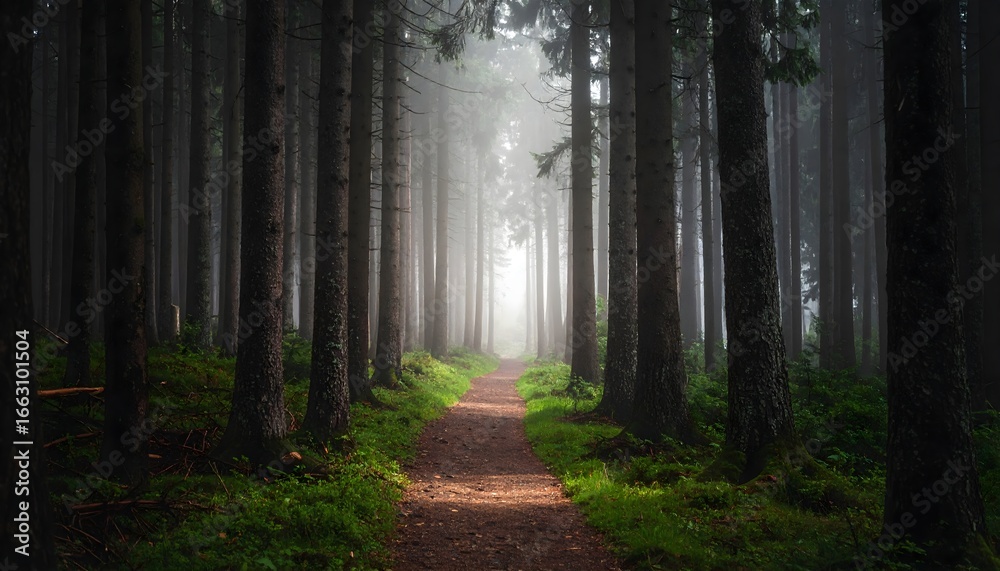Fototapeta premium Foggy mysterious forest path with tall pine trees, cinematic atmospheric light