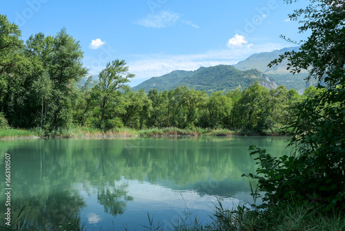 view of a lake with a forest and mountains