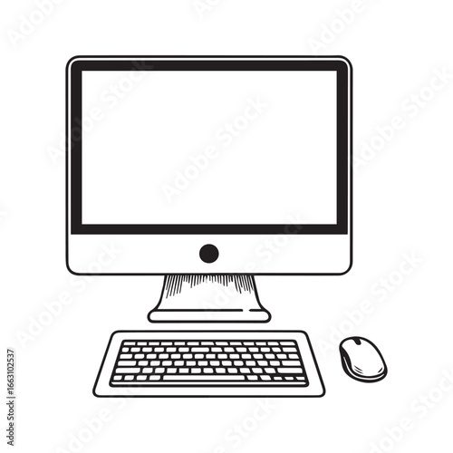 Desktop Monitor with Keyboard Vector Black and White