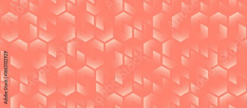 Vector abstract wide panoramic background with vintage coral tone and halftone chevron structure. Abstraction with chic 60s 70s styled illusion pattern for fashion, packaging and creative layouts