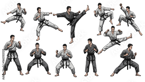 Karate Warrior Vector | Black Line Art of Fighter in Kimono Poses