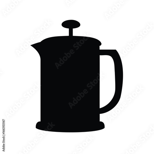 Simple black silhouette drawing of a classic French press coffee maker