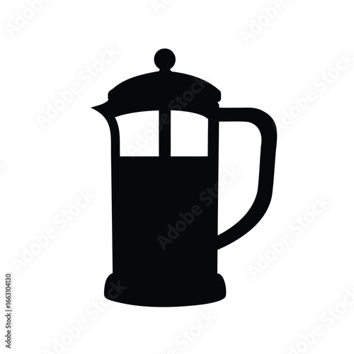 Black silhouette of a French press coffee maker on white background