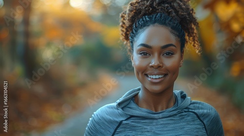 Happy black woman jogging in the park. Smiling candid African american woman losing weight through exercise. Fitness motivation. Inclusion and diversity in the fitness industry