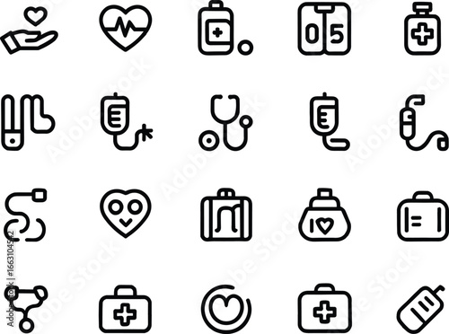Set of black medical and healthcare icons, heart, stethoscope, medicine, IV bag, first aid, pulse, health monitoring, vector collection.