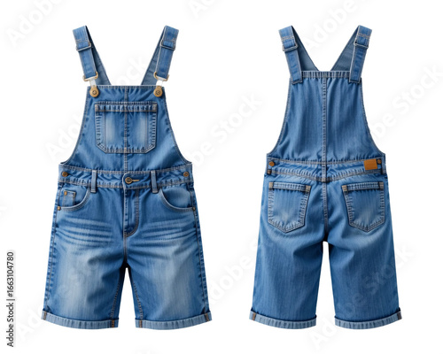 Denim overalls front and back set isolated on transparent or white background, png	