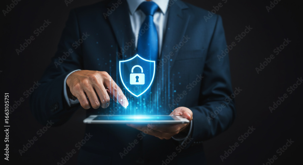 Naklejka premium Cybersecurity and Data Protection Concept with Businessman Using Tablet