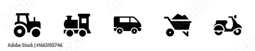 Silhouette icons tractor train van wheelbarrow scooter vector