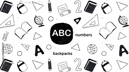 Illustration of school supplies including books and geometric shapes
