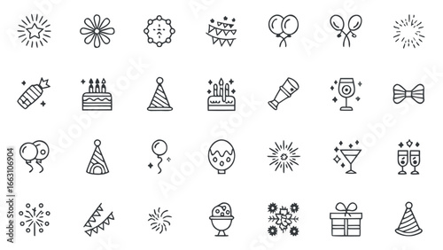 Collection of party icons including balloons cake and party hats design