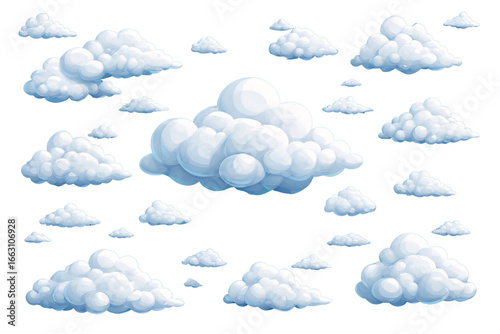 A bright, fluffy cartoon cloudscape with a seamless vector pattern of clouds against a blue sky, perfect for a summer wallpaper design