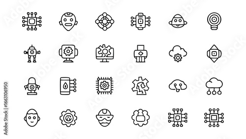 A collection of various artificial intelligence and robotic icons set up