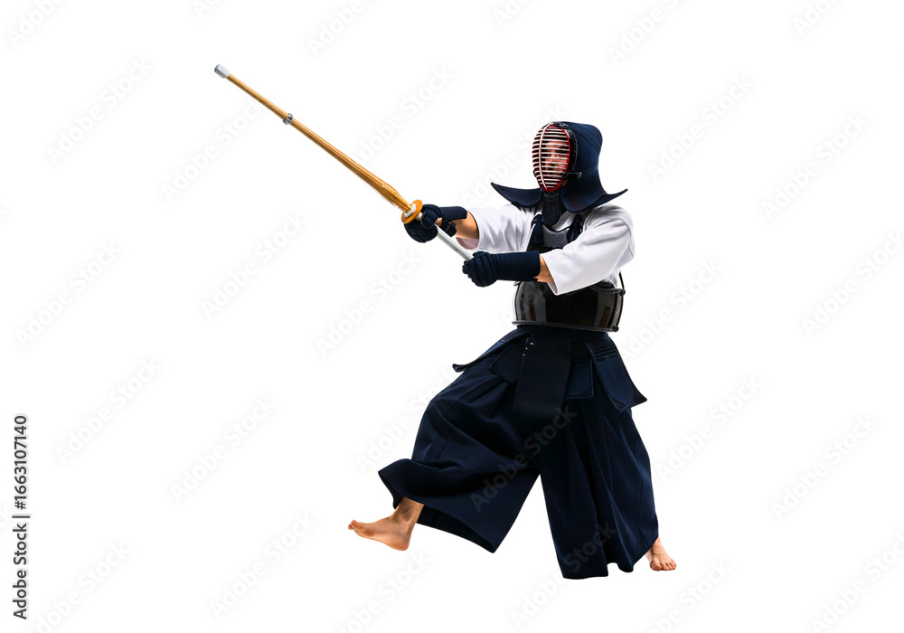 Obraz premium Kendo Practice: A dedicated kendo practitioner executes a powerful strike with precision and grace. Capturing the strength, focus, and discipline of this ancient martial art.