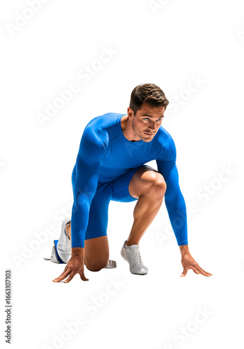 Ready to Race: A determined sprinter adopts the starting position on a track, eyes fixed on the finish line, embodying the anticipation and focus of athletic competition.