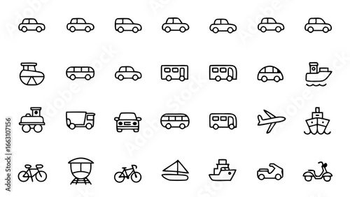 Collection of various transportation icons including cars trains and boats